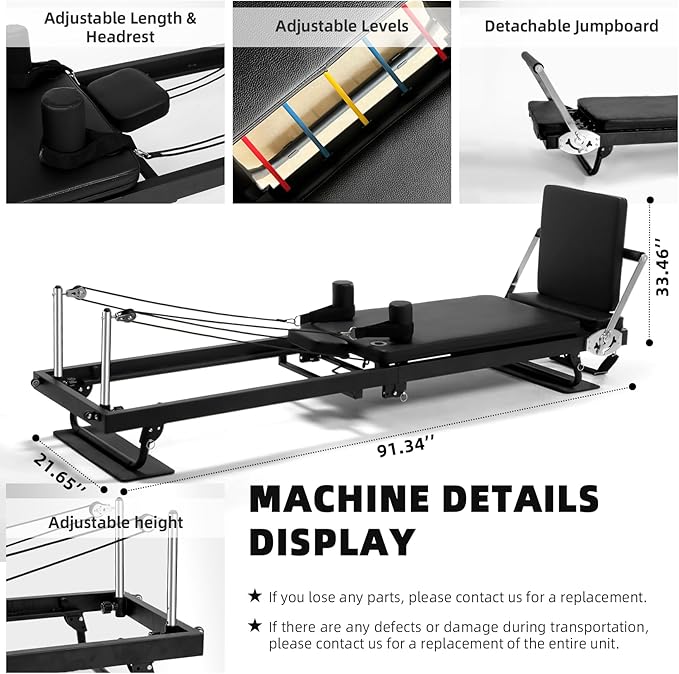 Pilates Reformer for Home Use,AMSINA Foldable Pilates Machine with Headrest & Jumpboard , Pilates Home Equipment with Foot Straps