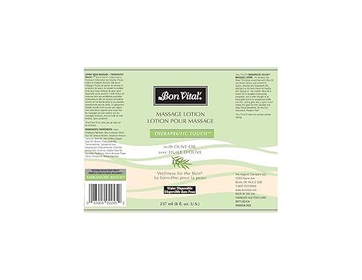 Bon Vital' Therapeutic Touch Massage Lotion, 8 Oz, Olive Oil-Infused Moisturizing Lotion for Massage Therapy, Non-Greasy Skin Therapy for Clinics & Spas, Professional Grade, Unscented