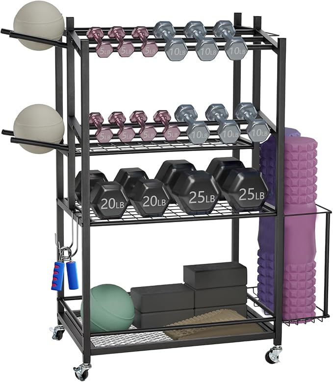 3-Tier Rolling Dumbbell Rack with Yoga Mat Basket & Hooks – Heavy Duty Steel Home Gym Storage Cart for Weights, Kettlebells, and Foam Rollers – 350Lbs Capacity Mobile Organizer with Lockable Wheels (Black)