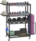 3-Tier Rolling Dumbbell Rack with Yoga Mat Basket & Hooks – Heavy Duty Steel Home Gym Storage Cart for Weights, Kettlebells, and Foam Rollers – 350Lbs Capacity Mobile Organizer with Lockable Wheels (Black)
