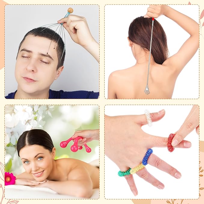 Geiserailie 48 Pack Massage Gifts, Head Scratcher Scalp Massagers, Extendable Back Scratchers, Four Point Massage Tools, Finger Massager Rings for Grandparents Teacher Father Mother Men Women Gifts