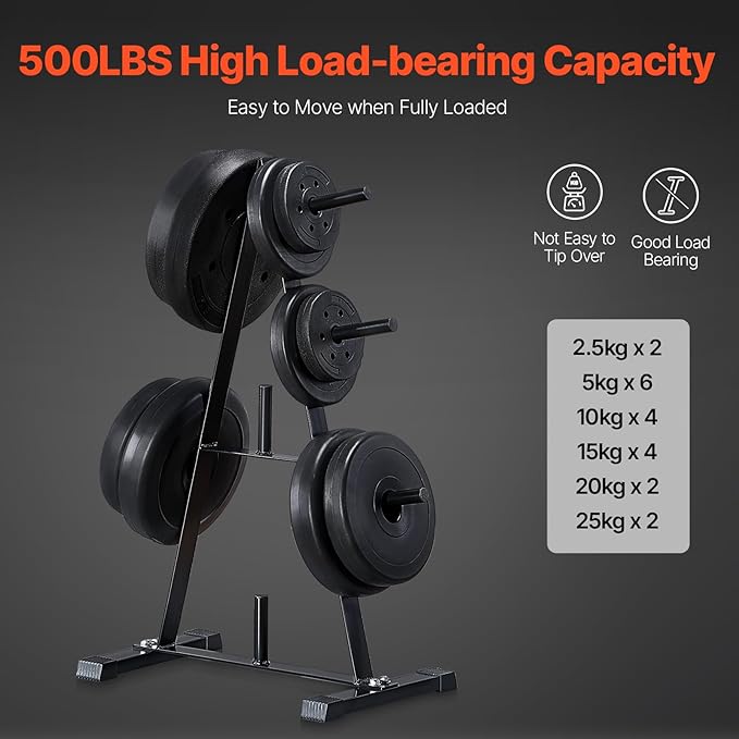 VEVOR Weight Plate Rack, A Frame Weight Plate Tree for 1-Inch Weight Plates, Standard Weight Plate Tree, 500 lbs Load Capacity Weight Storage Holder, Home Gym Barbell Rack Storage Stand, Black