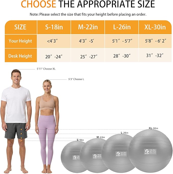 Gruper Yoga Ball, Extra Thick Non Slip Exercise Ball for Workout, Birthing, Balance, Stability, Pregnancy, 4 Sizes Anti Burst Chair for Home and Office, Includes Quick Pump & Fitness Guide