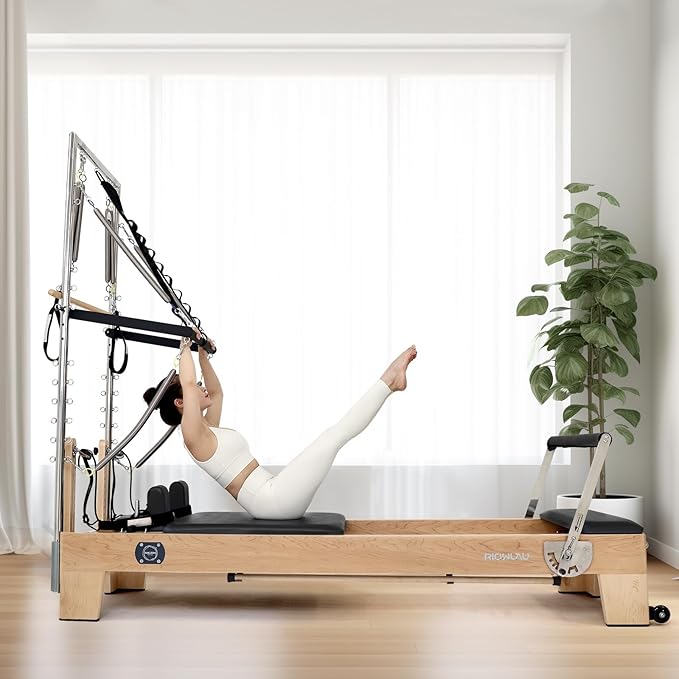 Pilates Reformer, Pilates Reformer Machine, Pilates Equipment for Home and Studio, Black Ultrafine Leather, Adjustable Resistance System