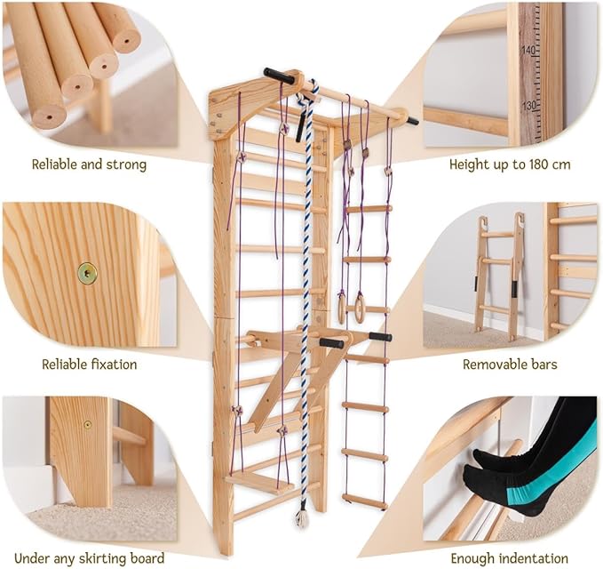 Swedish Ladder Wall Bars with Pull-Up Bar & Dip Station – Wooden Stall Bars, Multifunctional Home Gym Wall Ladder for Strength Training & Stretching