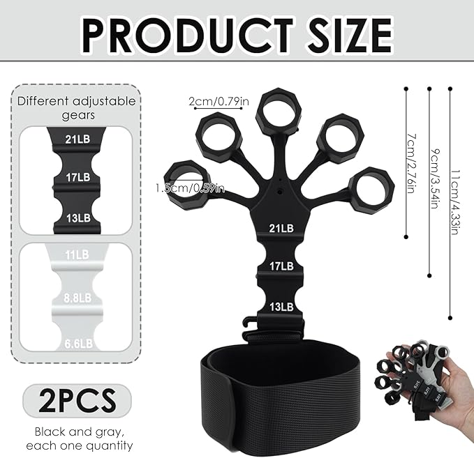 2PCS Grip Strength Trainer, Finger Exerciser, Double Sided Grip Strength Trainer for Rock Climbing and Hand Therapy, Adjustable Finger Extension Exerciser Builds Hand Strength for Relieve Pain(Black+Grey)
