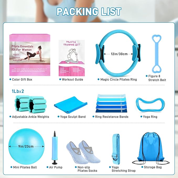 Pilates Ring Set 15 PCS, Home Pilates Essentials Kit for Women, 12" Pilates Ring and 9" Ball Set, Pilates Kit with Ankle Weights 2LB, Resistance Bands, for Toning & Better Me Gifts
