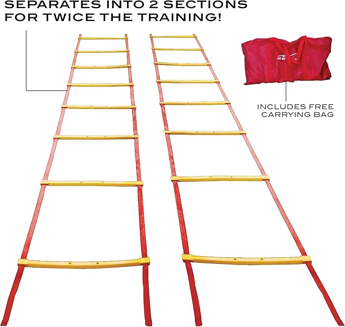 AGORA Pro Agility Training Ladder with Carry Bag - 32 ft Ladder Splits Into Two 16 ft Sections - 24 Adjustable Rungs - Red/Yellow