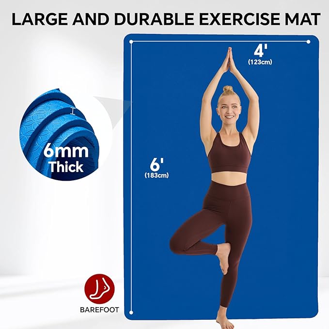 Extra Large Yoga Mat 6'x4'(1/3" & 1/4" Thick), Non-Slip, Ultra Durable, Wide Workout Mat, Wide Exercise Mats for Home Workouts, Yoga, Pilates, Stretching (Barefoot Exercise)