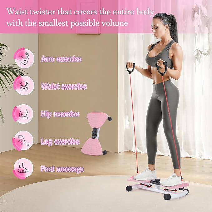 Waist Twister Machine Exercise With Digital Display To Track Time, Reps And Calories Burned, Waist twister machine With Balance Rope, Noiseless Abs Twister Plate, Holds 220 Lbs (pink and white)