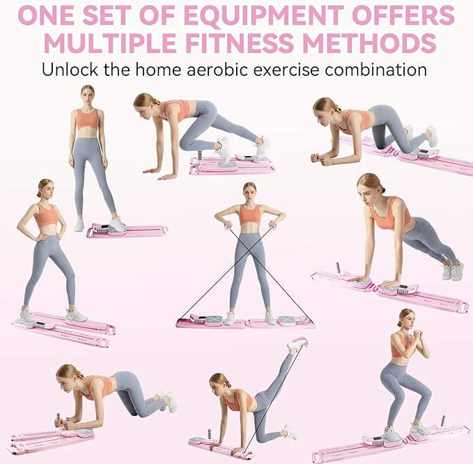 Pilates Reformer Machine Slider Multifunctional Board Fitness Floor Pilates Kit Portable Yoga Foldable Mini Table Set for Home Workout Women Pink Purple