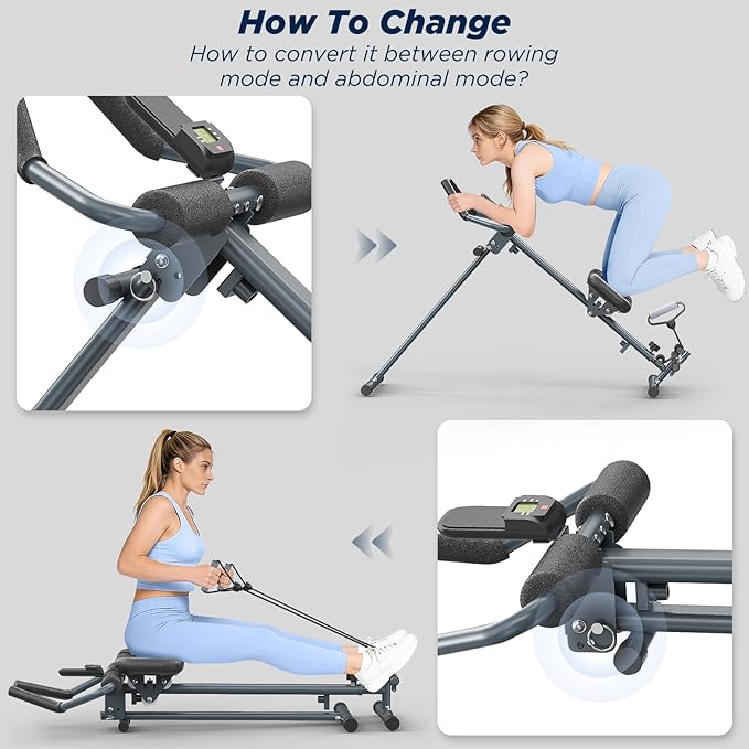 4-in-1 Rowing Machine, Ab Machine – Foldable Full Body Workout Equipment with Resistance Bands for Home Cardio, Strength, and Core Training – Black