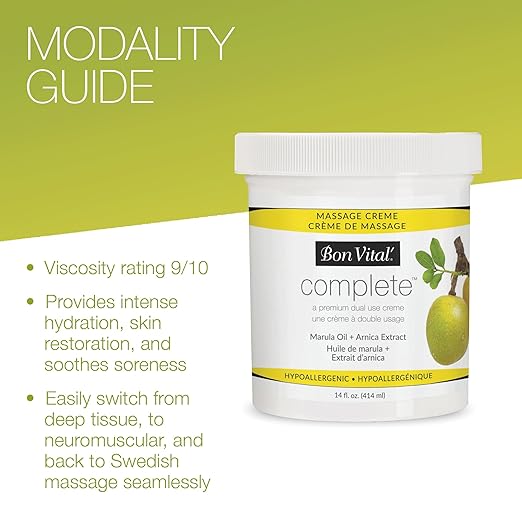 Bon Vital Complete Massage Creme, 14oz Jar, Unscented Non-Greasy Cream with Marula, Olive & Jojoba Oils, Hypoallergenic Moisturizer for Professional or Home Use, Premium Dual-Purpose, Massage Therapy