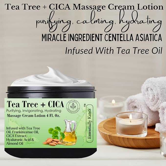Essentially KateS Tea Tree 2.5% Body Cream Massage Lotions 4 oz, Infused with Centella Asiatica and Frankicensae Oil - Soothing, Hydrating, and Revitalizing - Fights Sore Muscle and Stiffness.