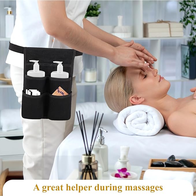 Massage Bottle Bag with Multiple Pockets, Black Professional Therapist Waist Bag for 2 Oil Lotion Bottles, Adjustable Belt with Multiple Pockets Organizer