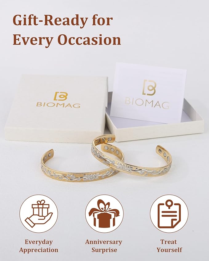 BioMag 2 Pcs Copper Bracelets for Women Men, 99.99% Pure Copper Cuff Bangle with 6 Pcs 3500 Gauss Magnets, Adjustable Size, Intricate Flower Pattern