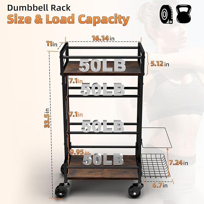 4 Tier Home Gym Storage Rack with Wheels, Yoga Mat Rack Small Dumbbell Weight Rack, Multi-Functional Wood Metal Gym Equipment Storage Rack Workout Cart for Women Kettlebell Fitness Organizer