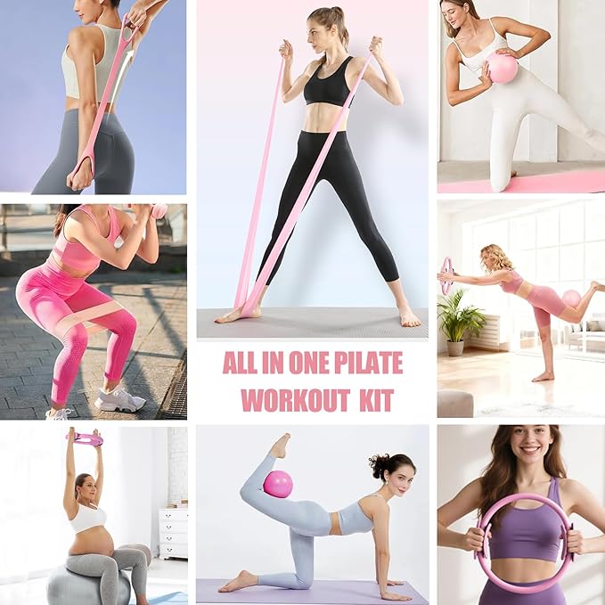 Pilates Kit for Home Workouts with Pilates Ring and Ball Set, Resistance Bands Set, Yoga Mat Bag, Yoga Straps, Figure 8 Resistance Band, Pilates Essentials Kit for Women, Beginners,Pilates Set Gift
