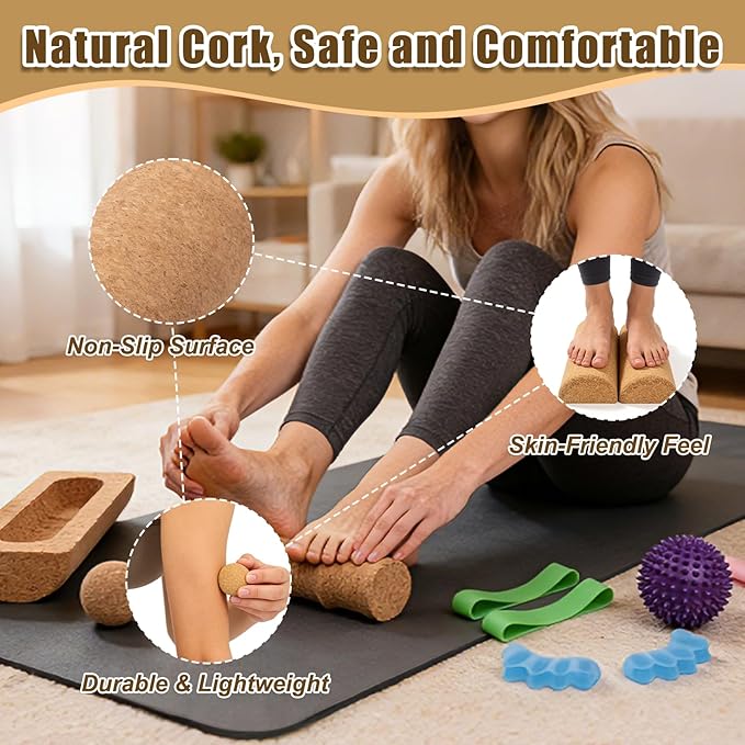 Cork Balance Board for Adults, Foot & Ankle Strengthener Balance Trainer with Cork Roller, Spiky Massage Ball, Toe Correctors & Stretch Strap, Foot Balance Board Set for Mobility, Stability & Functional Training
