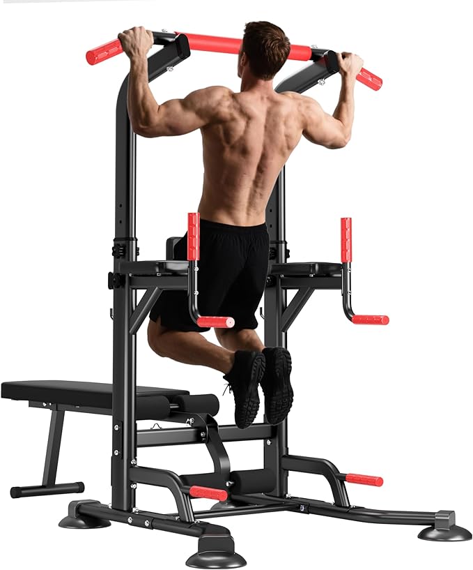 Dland Strength Training Dip Stands, Stand-Up Gym with Bench, Adjustable Bench Press Machine, Home Gym Weightlifting Equipment, Pull-Up Bar Multi-Function Adjustable Leg Press Machine for Weightlifting, Bodybuilding, CrossFit, Yoga, Pilates