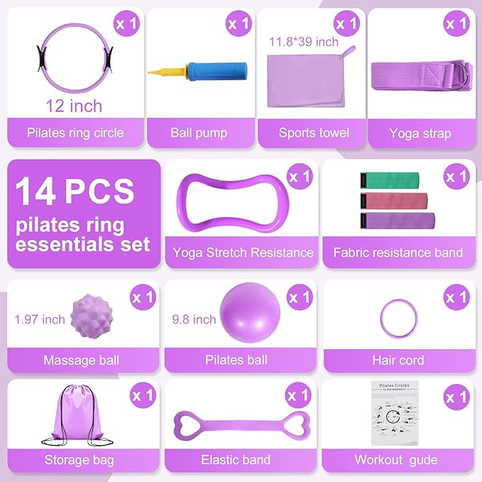Pilates Ring Set with Resistance Bands– Anti-Slip Magic Circle Pilates Ring for Home Workouts, Full-Body Toning, Strength Training for Women 14PCS