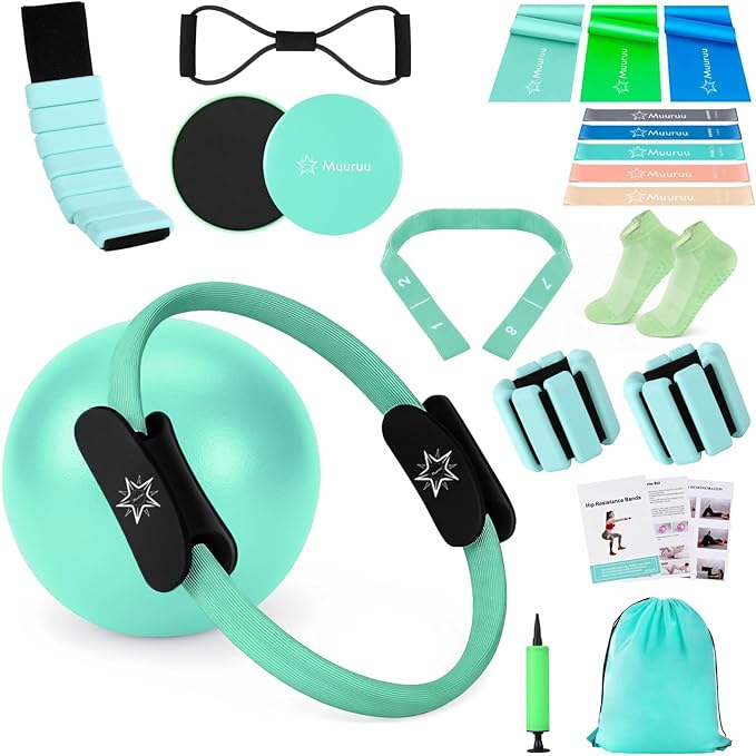 Pilates Equipment Kit for Home Workout, Pilates Ring and Ball Set for Women, 14'' Magic Circle Essentials Accessories Kit, Wrist Weights, Resistance Bands, Yoga Strap, Socks, Bag