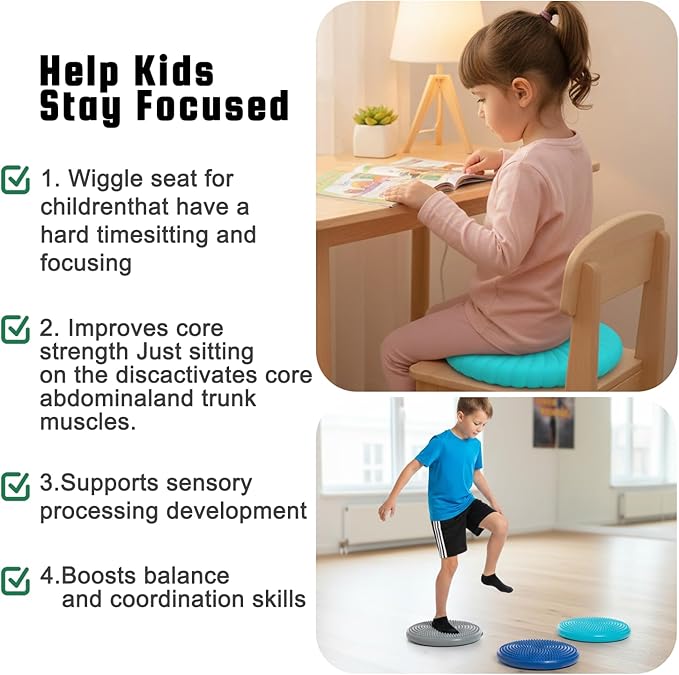Wobble Cushion Core Balance Disc, Wiggle Seat for Sensory Kids to Stay Focused, Non-slip Balance Pads with Inflation Pump for Physical Therapy & Core Strength