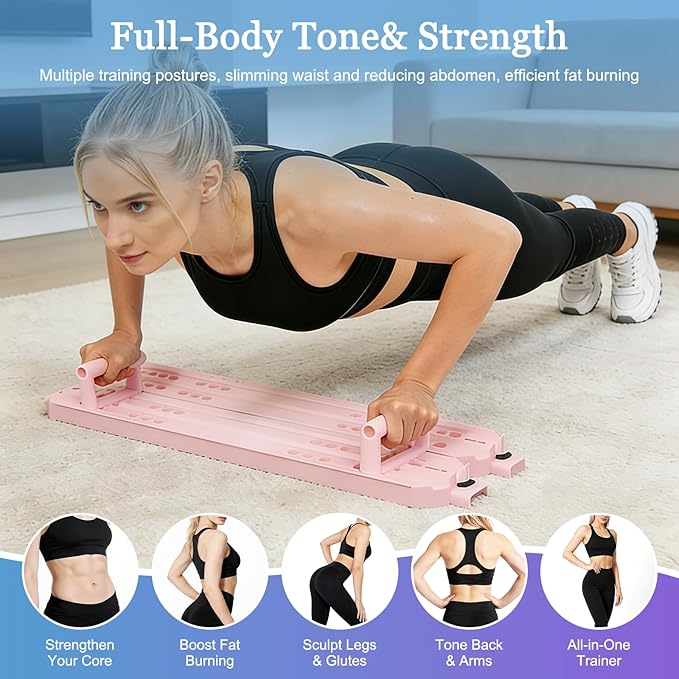 Pilates Reformer Board, 12-in-1 Portable Pilates Board for Home Workout, Core & Abs Toning, Full Body Sculpting Equipment, Pink / White