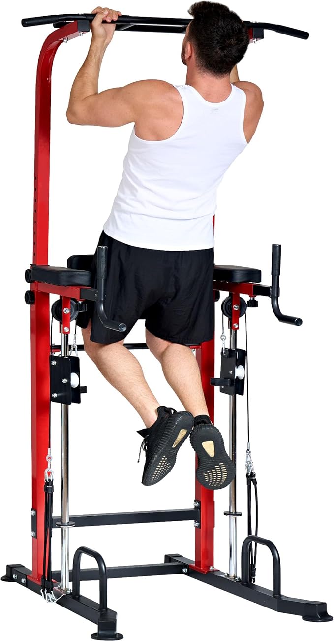 soges Power Tower Dip Station with Assisted Pad, Height Adjustable Pull Up Bar Station for Home Gym, Multi-Function Strength Training Full Body Workout Equipment, 330 Lbs, Red