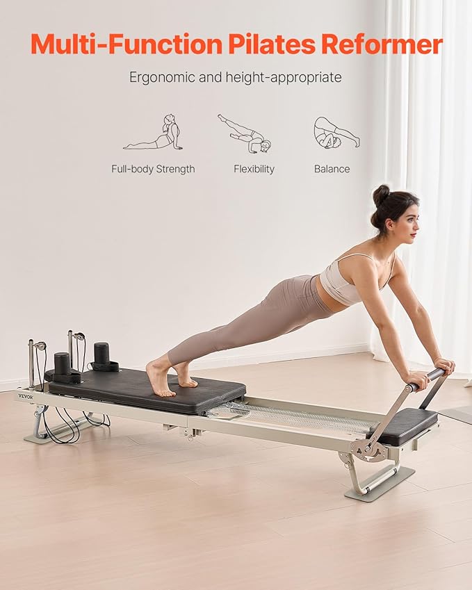 VEVOR Pilates Reformer, 91" Foldable Reformer Pilates Machine with Adjustable Reformer Heights, Pilates Equipment for Home Gym Studio Use with Dual Resistance Spring and Jump Boards