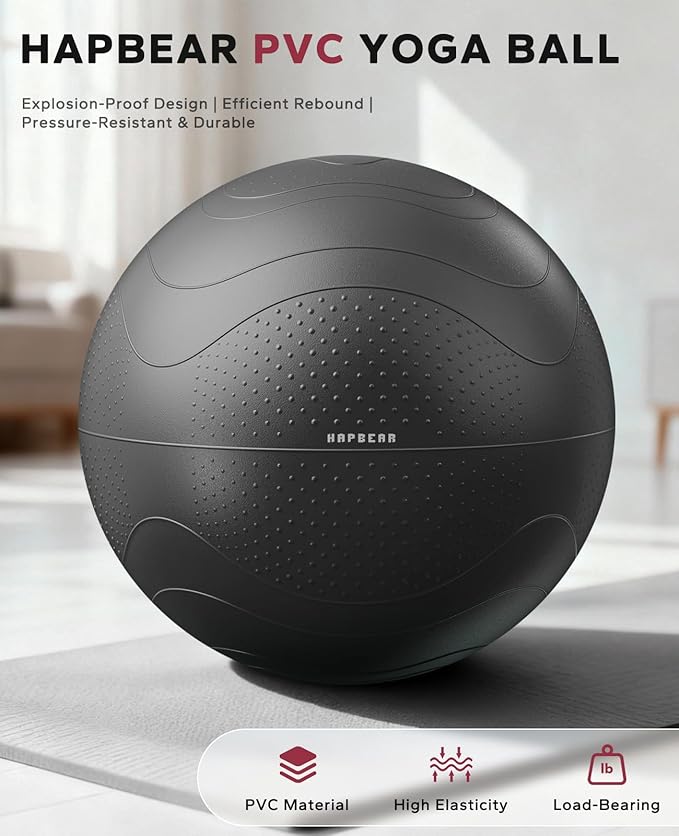 HAPBEAR Exercise Ball (22''/26''/30'') - Anti-Burst Slip-Resistant Yoga/Pilates Ball for Core Training & Posture Improvement, Home Gym/Rehab/Pregnancy Ball, Quick Pump & 3 Resistance Bands Included