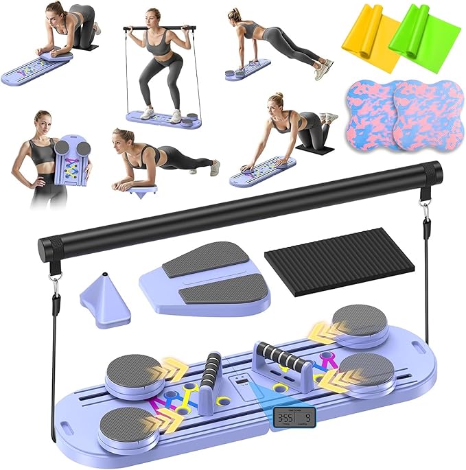 Pilates Reformer Board for Home Workout, 15-in-1 Foldable Pilates Board with Resistance Bands, Portable Ab Core Training Equipment for Women & Men