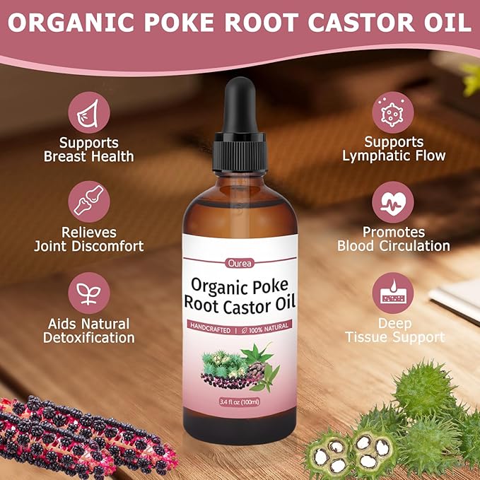 Poke Root Castor Oil Organic – 3.4 fl oz (100ml) Natural Lymphatic Support Massage Oil, Soothing Relief for Cysts, Boils, Breast, Fibroids, Swollen Lymph Nodes & Joint – Deep Tissue Drops
