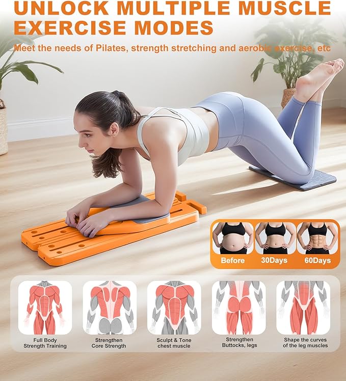 Pilates Board, 12 in 1 Mini Plilates Reformer Set, Multifuncional Portable Pilates Reformers Board for Home Workout, Free Combination 100+ Exercise Mode