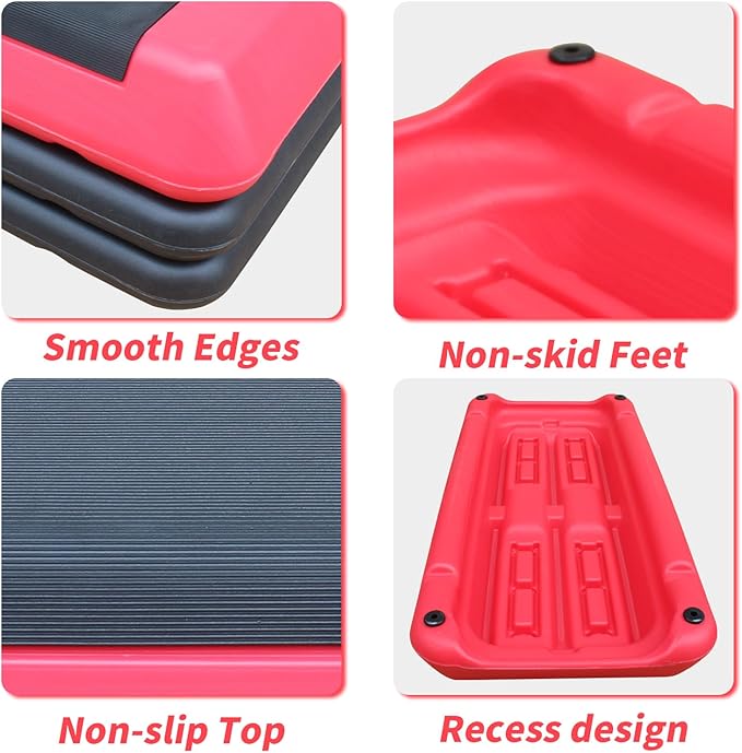 GOWE Adjustable Workout Aerobic Stepper in Fitness & Exercise Step Platform Trainer Red Black with 2 Risers