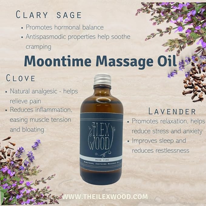 The Ilex Wood - Moontime - Vegan Natural Menstrual Spa Massage Oil, Handmade 3.38 fl oz (100ml)