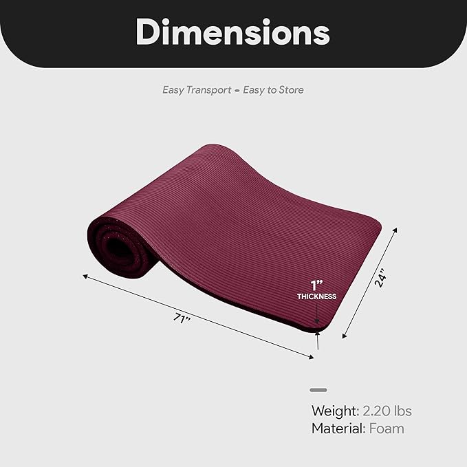 BalanceFrom 71x24 Inches Extra Thick Yoga Mat 1-Inch High-Density Foam – Roll-Up Exercise Pad with Double-Sided Non-Slip Surface and Carrying Strap for Pilates and Home Workouts, Multiple Colors