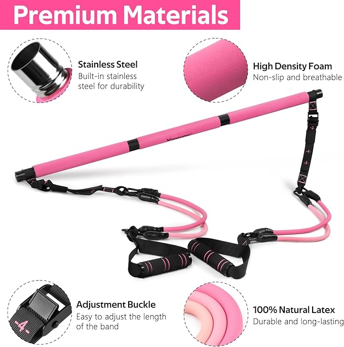 Pilates Bar Kit with Resistance Bands, Multifunctional Pilates Bar for Women & Men with Heavy-Duty Metal Adjustment Buckle, Pilates Home Equipment for Full BodyWorkouts
