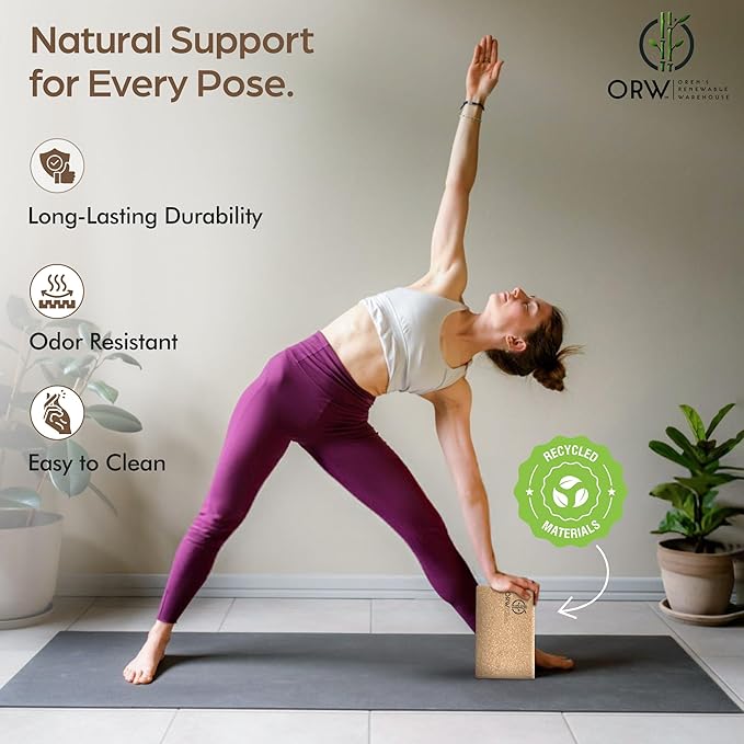 ORW Cork Yoga Block – FSC Natural Cork, 9”x6”x3”, 1.5 lb Dense Stability Block, Non-Slip Grip, REACH Tested