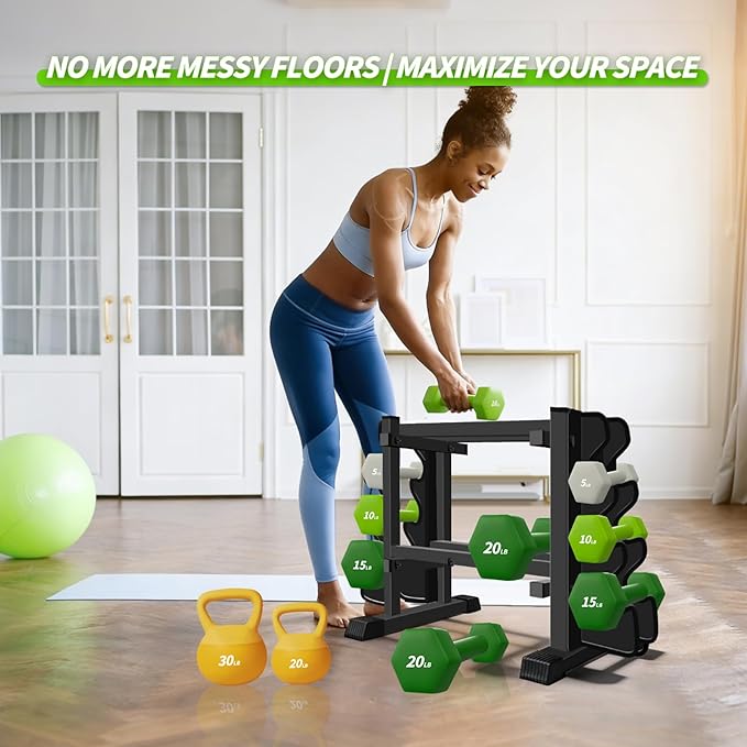 Heavy Duty Dumbbell Rack, Double-Side Extension Holder for Dumbbells & Kettlebells Home Gym Storage Rack