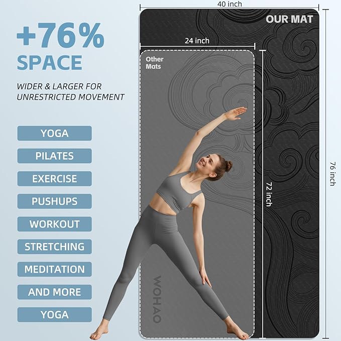 Large 76"x40"x0.4" Yoga Mat - Extra Width & Thick Non-Slip Exercise Mat, Versatile for Stretching, Yoga Studio, Gym, Home & Indoor/Outdoor Workouts
