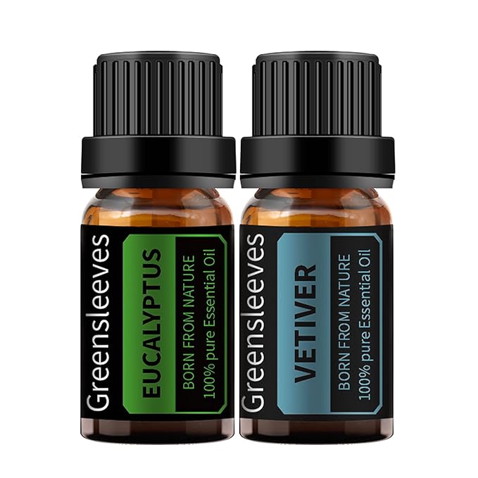 GREENSLEEVES Vetiver Eucalyptus Essential Oil Set, 2 x 10ml Pure Plant-Based Fragrance Oil for Aromatherapy, Essential Oils for Diffuser, Massage, Bath Bomb, Scented Candle Soap Making
