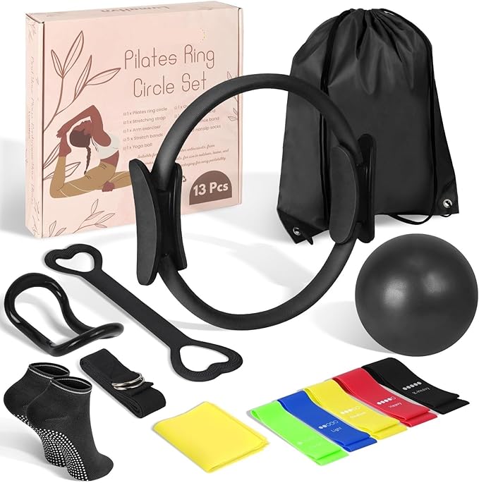 JITUIHOM Home Pilates Essentials Kit for Women - Complete Pink Equipment Set with 9 Inch Yoga Ball, Figure 8 Resistance Band, Bands & Accessories, Ring for Beginners Workouts