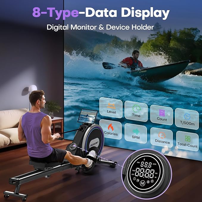 Rowing Machines for Home, 32-Level Adjustable Resistance, Magnetic Rowing Machine with App Supported, 400 LB Weight Capacity, Upgraded Dual Slide Rails with LCD Data Display Screen
