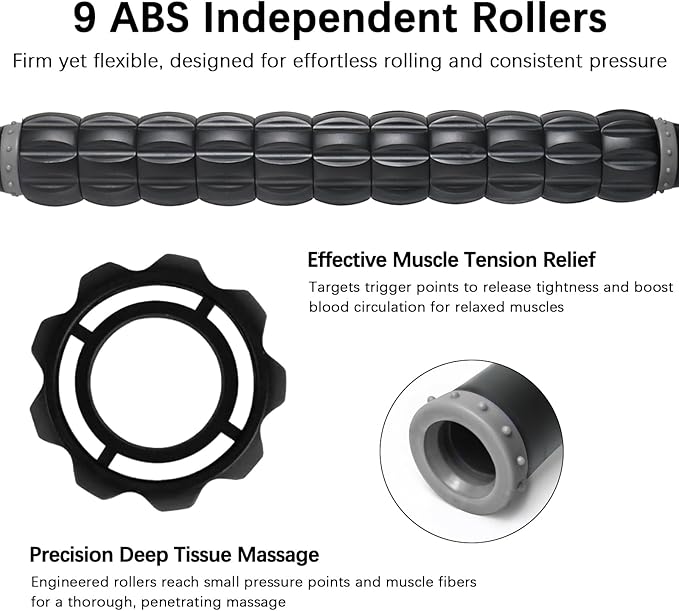 Muscle Roller Massage Roller Stick- Deep Tissue Fascia Blaster for Myofascial Pain Relief, Lymphatic Drainage & Body Sculpting, Handheld Physical Therapy & Recovery Tool (Gray black-18 inch)