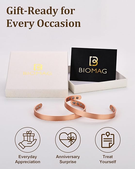 BioMag 2Pcs 99.99% Copper Bracelet for Women, Adjustable Magnetic Bracelets Bangle Cuff with 3500 Gauss Magnets, Jewelry Gift