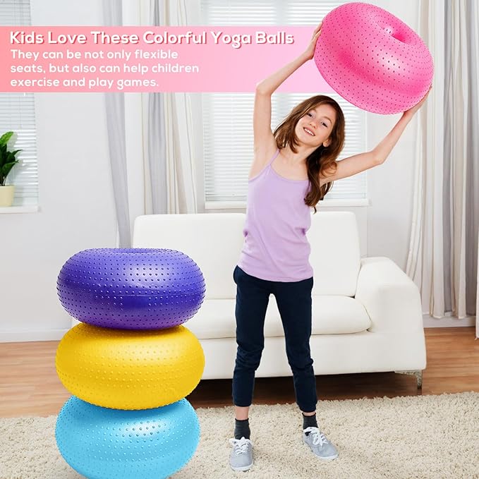 Meooeck 4 Pcs Upgraded Flexible Seating for Classroom 20 Inch Yoga Ball Chairs with Massage Point Inflatable Donut Ball Chair with Inflator for Kids Exercise Sensory Balance School Student Office