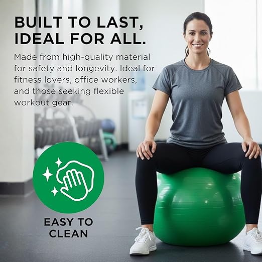 THERABAND Exercise Ball, Stability Ball with 65 cm Diameter for Athletes 5'7" to 6'1" Tall, Standard Fitness Ball for Posture, Balance, Yoga, Pilates, Core, & Rehab, Green