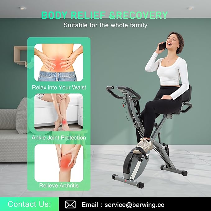 BARWING Stationary Exercise Bike for Home Workout, 5 IN 1 Foldable Indoor Cycling Bike for Seniors, 350LB Capacity, 16-Level Magnetic Resistance, Seat Backrest Adjustments
