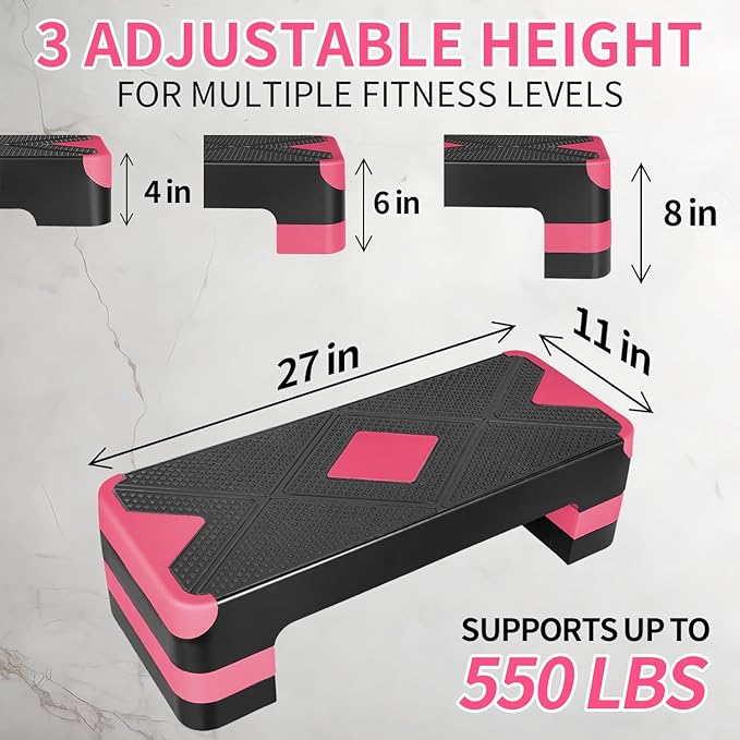 27" Aerobic Exercise Step Adjustable Aerobic Stepper for Exercise Workout Step Platform for Step Up, Step Deck with 4” 6” 8” Adjustable Height Risers